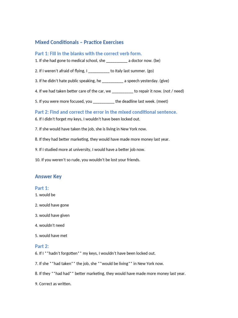 Mixed Conditionals Practice Exercises | PDF