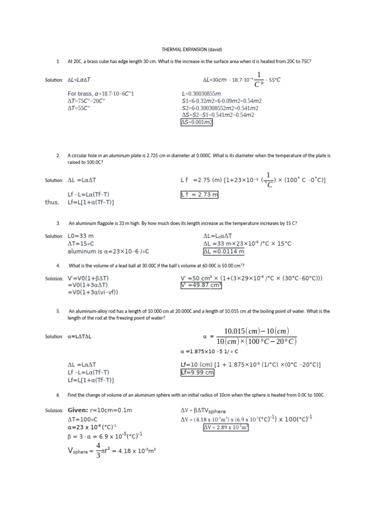 Thermal Expansion Calculations and Solutions | PDF | Gases | Pressure