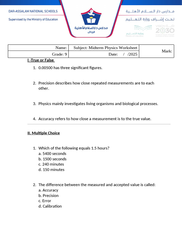 9th Grade Physics Midterm Worksheet | PDF | Significant Figures ...