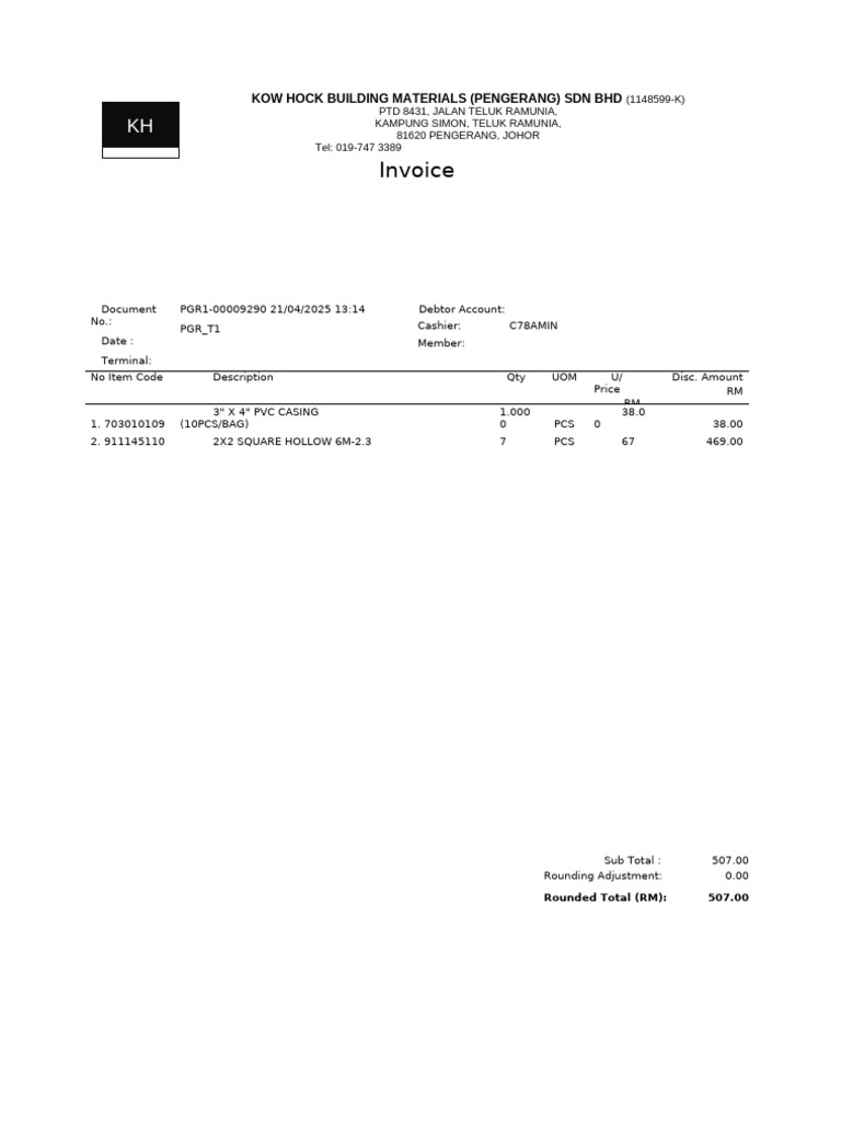 Invoice: Kow Hock Building Materials (Pengerang) SDN BHD | PDF
