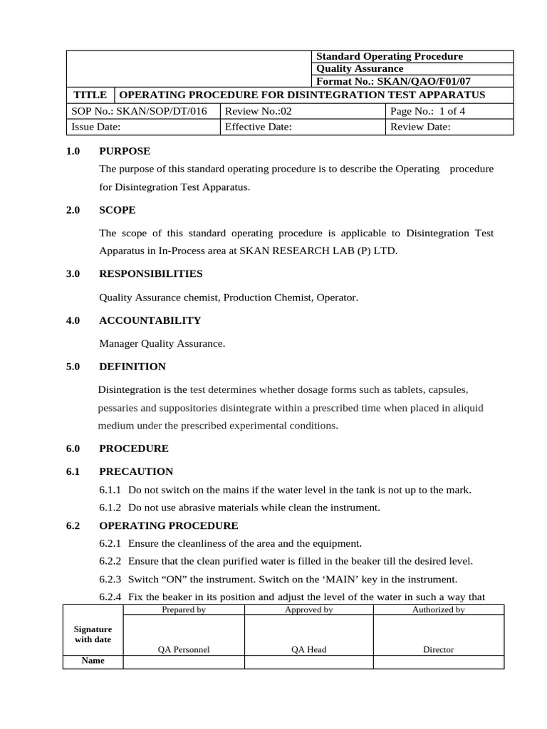 Disintegration Test Apparatus SOP | PDF | Tablet (Pharmacy)