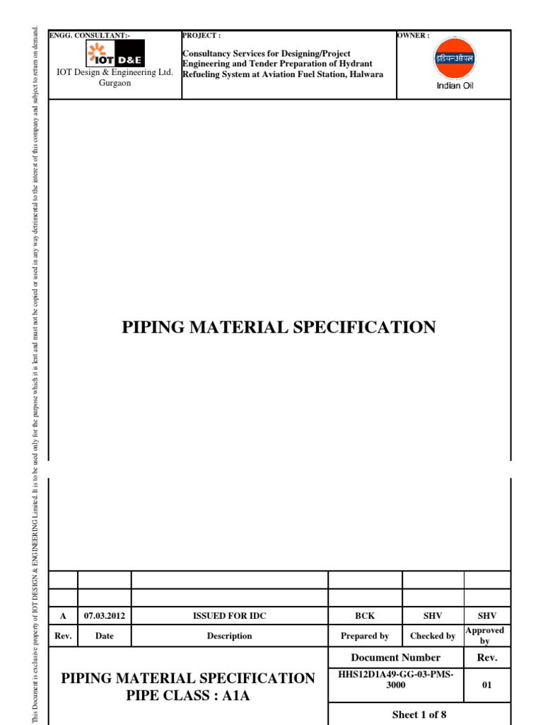 Piping Material Specification Pipe Class A1A PDF Pipe (Fluid