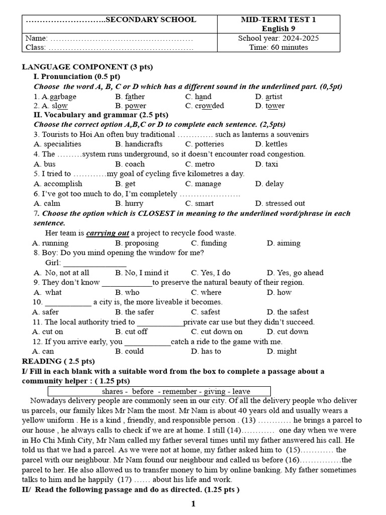 English 9 Mid-Term Test 2024-2025 | PDF | London | Crafts