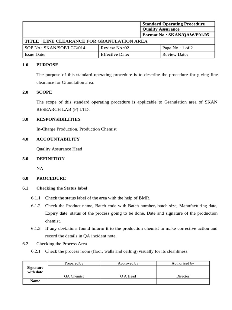 SOP For Line Clearance For Granulation | PDF | Quality