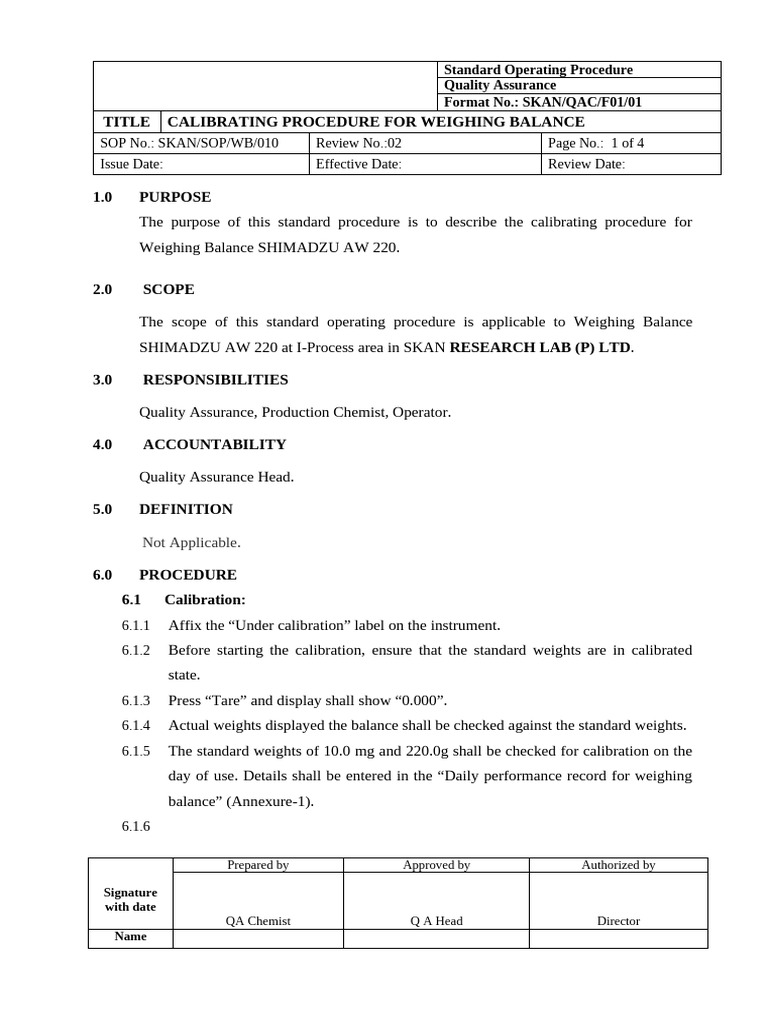 Weighing Balance Calibration SOP | PDF | Calibration | Quality Assurance