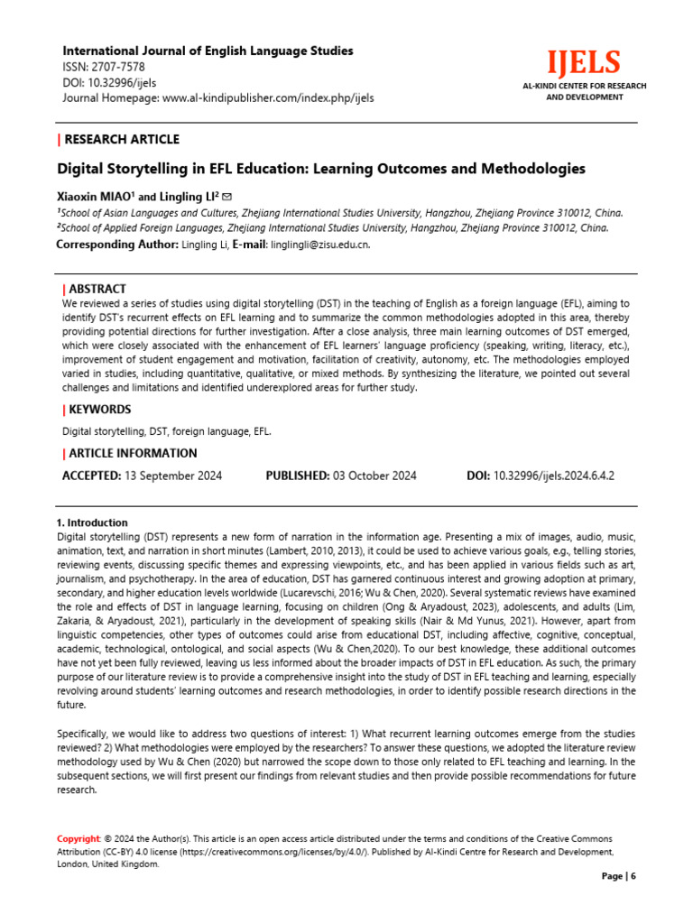 Digital Storytelling in EFL Education | PDF | English As A Second Or ...
