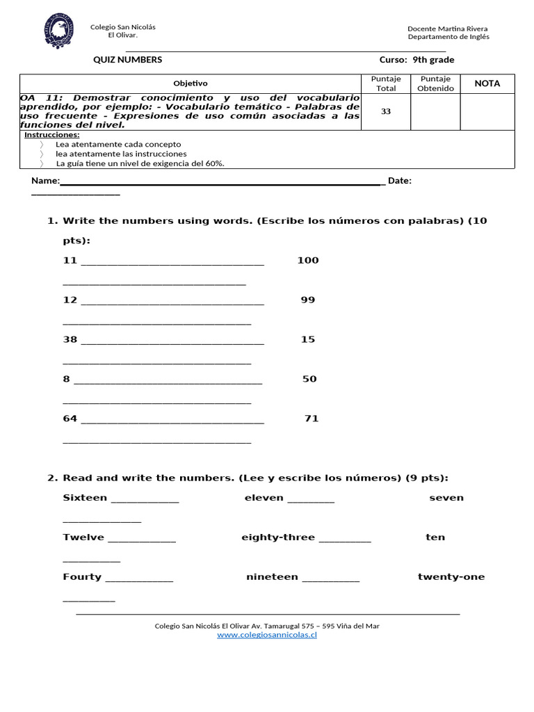 Quiz de Números para 9° Grado | PDF