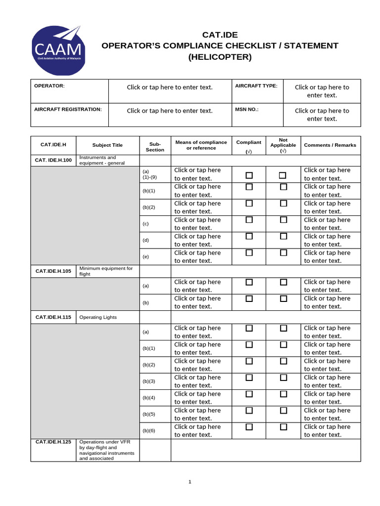 Part CAT - Ide .H Compliance Checklist Helicopter 1 | PDF | Flight ...