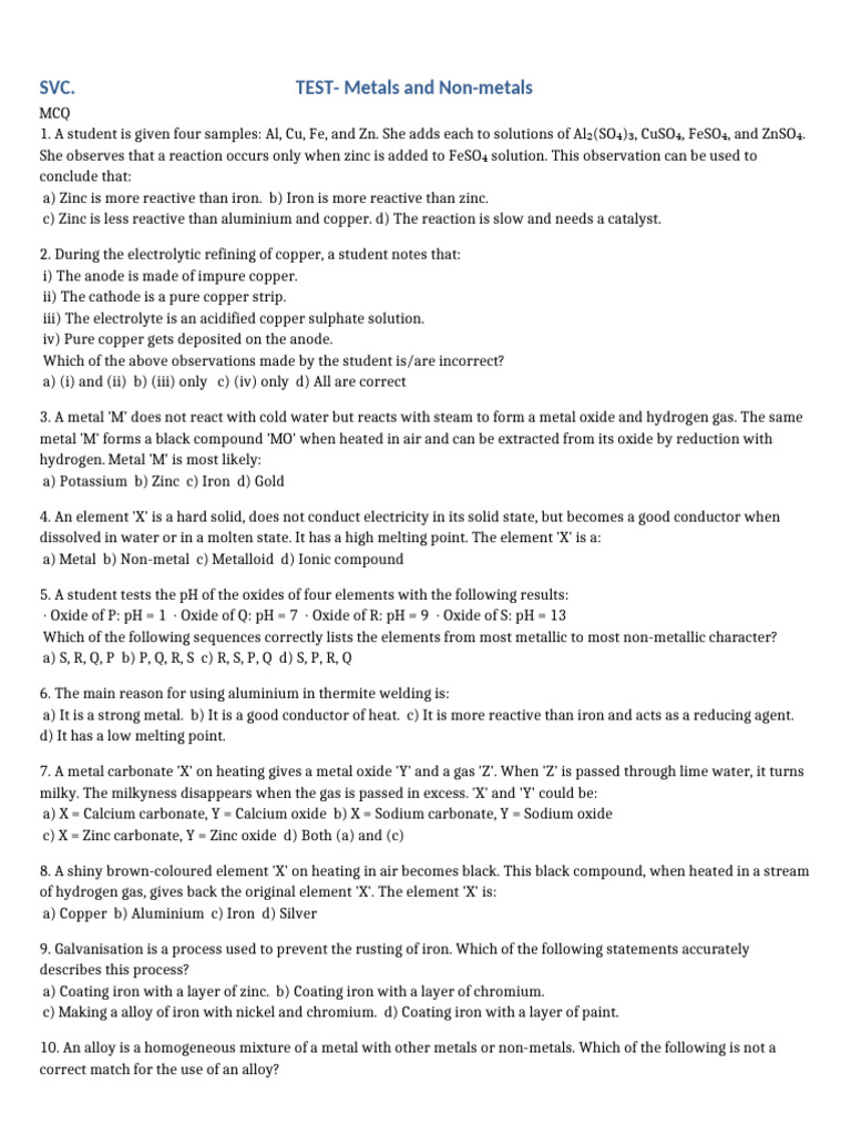 Metals and Non-Metals MCQ Test | PDF | Metals | Iron