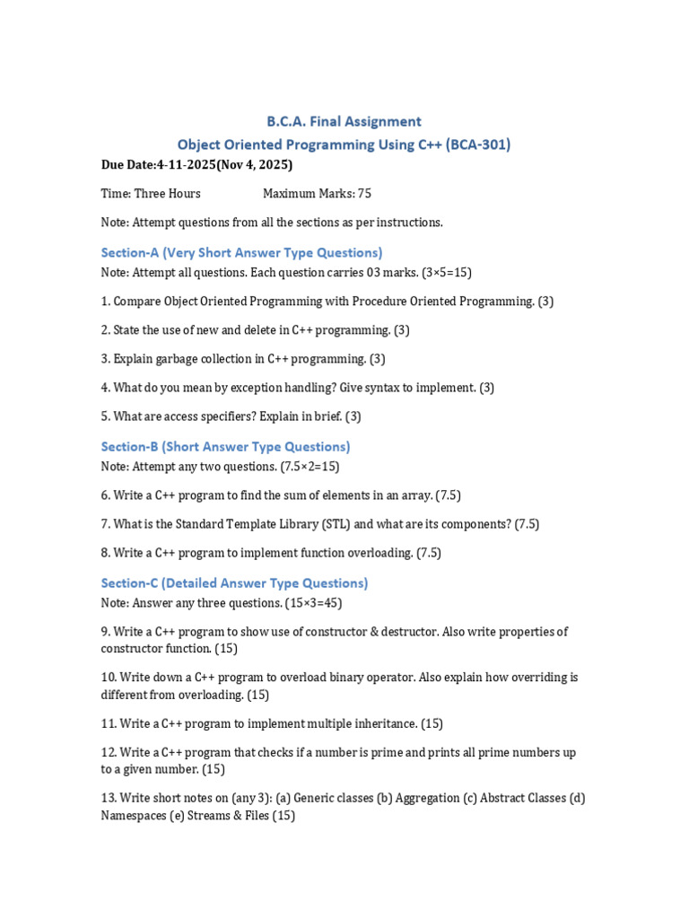 BCA-301 C++ Programming Assignment | PDF