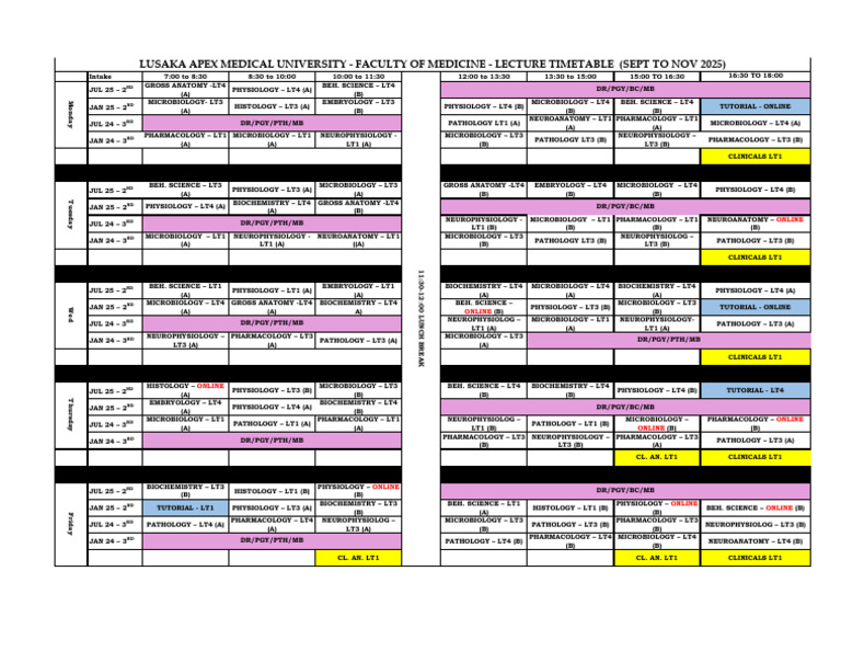 LUSAKA APEX MEDICAL UNIVERSITY Timetable | PDF | Morphology (Biology ...