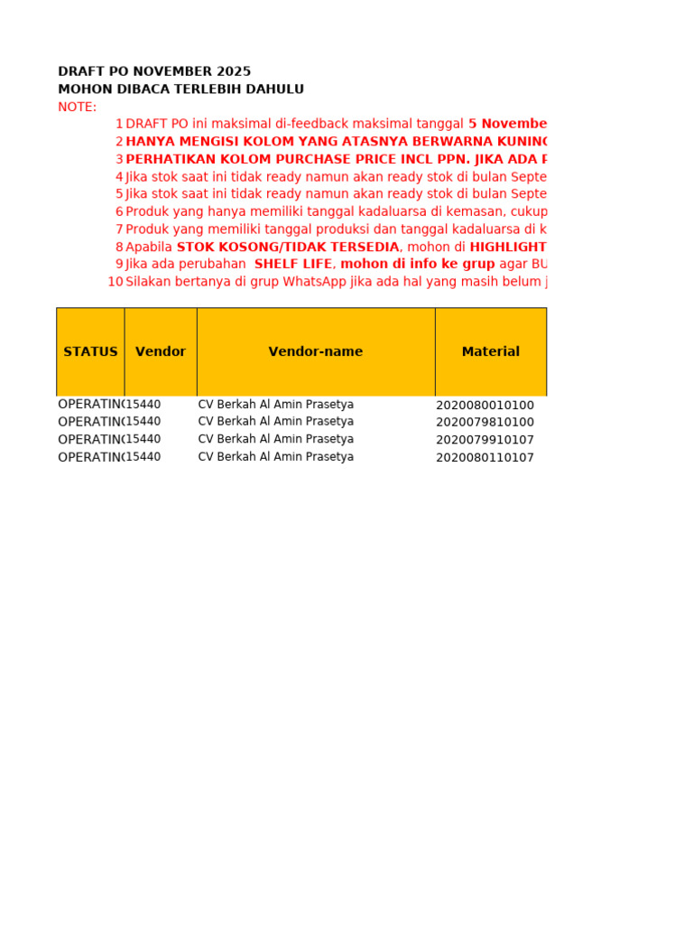 Draft PO November 2025 untuk Vendor | PDF