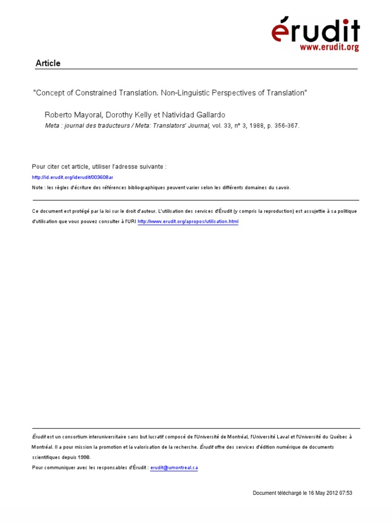 Concept Of Constrained Translation Non Linguistic Perspectives Of Translation Science Science Et Technologie
