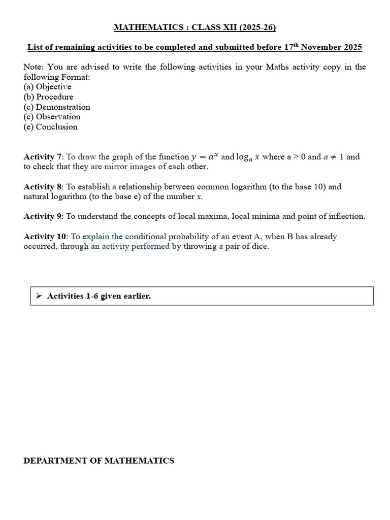 Class XII Math Activities 2025-26 | PDF