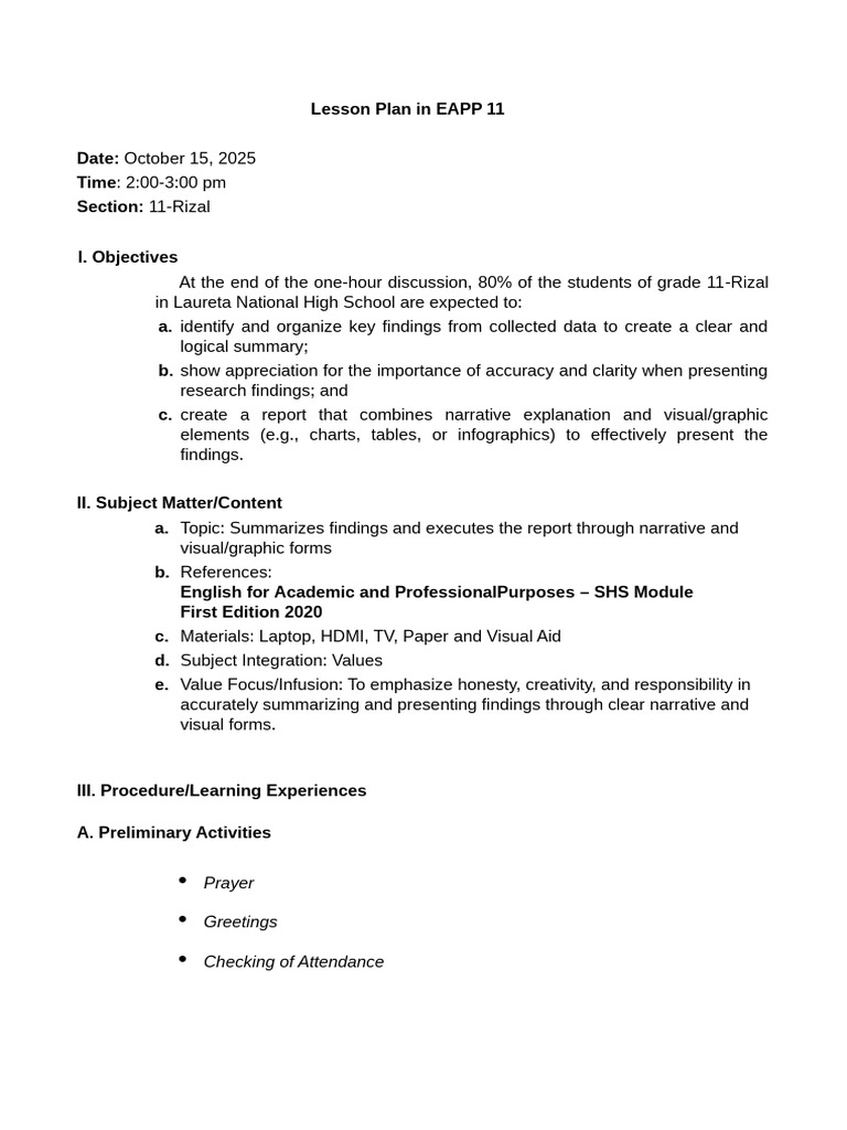 EAPP 11 Lesson Plan: Data Presentation Skills | PDF | Narrative ...