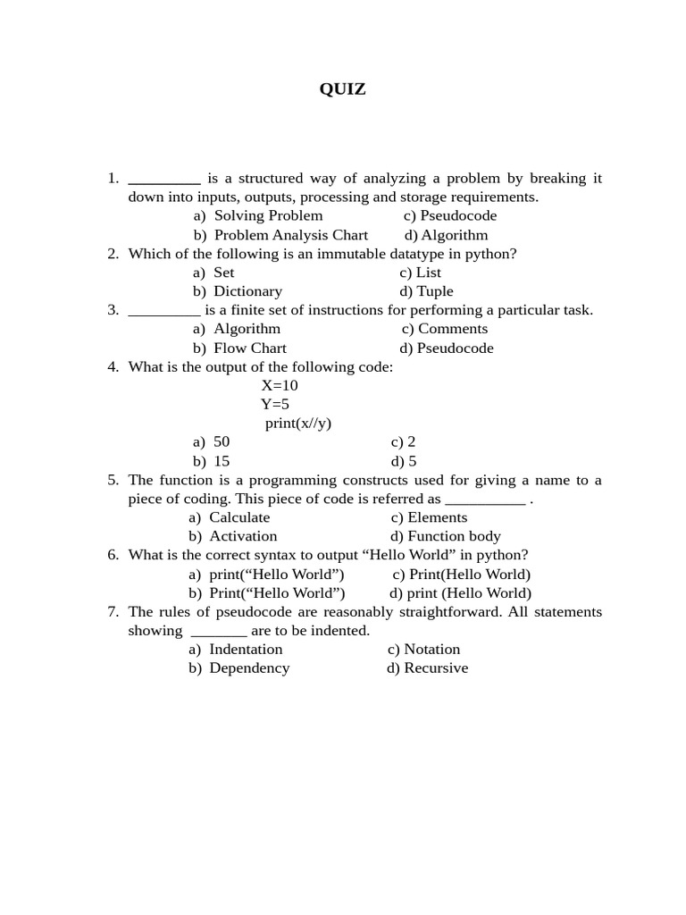 Python Programming Quiz Questions | PDF