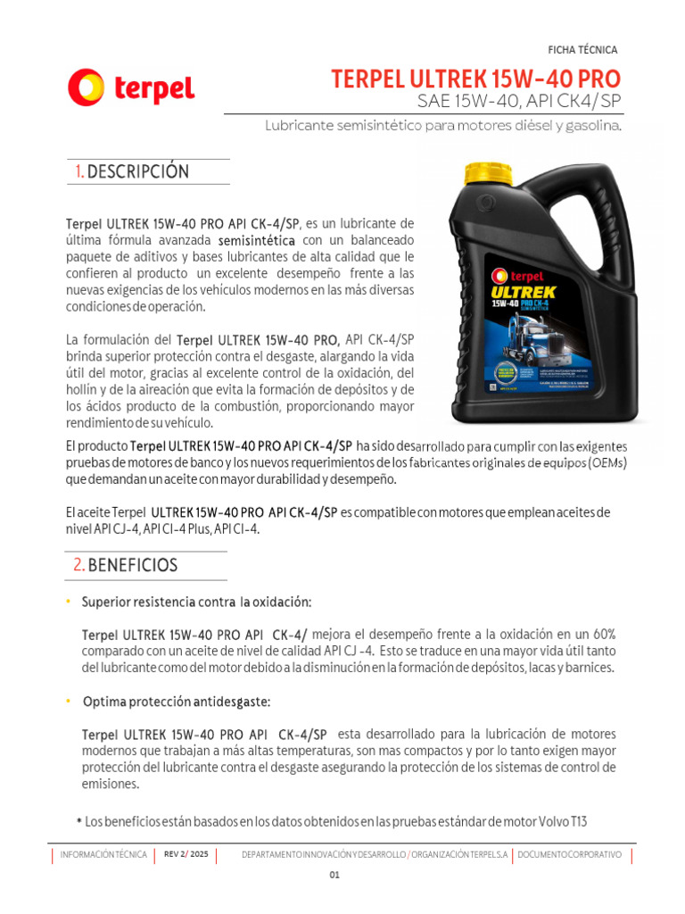 Lubricante Terpel ULTREK 15W-40 PRO | PDF | Lubricante | Motor diesel