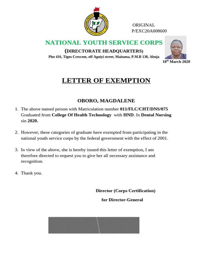 NYSC Exemption Letter for Magdalene Oboro | PDF