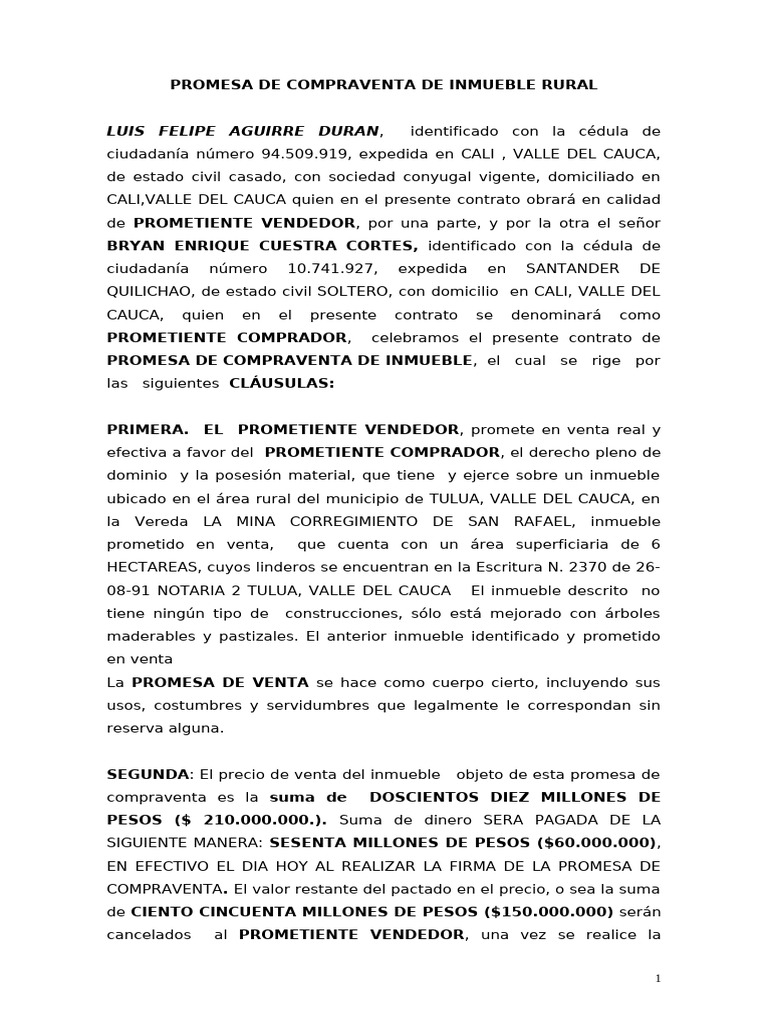 Promesa de Compraventa Inmueble Rural | PDF | Ley común