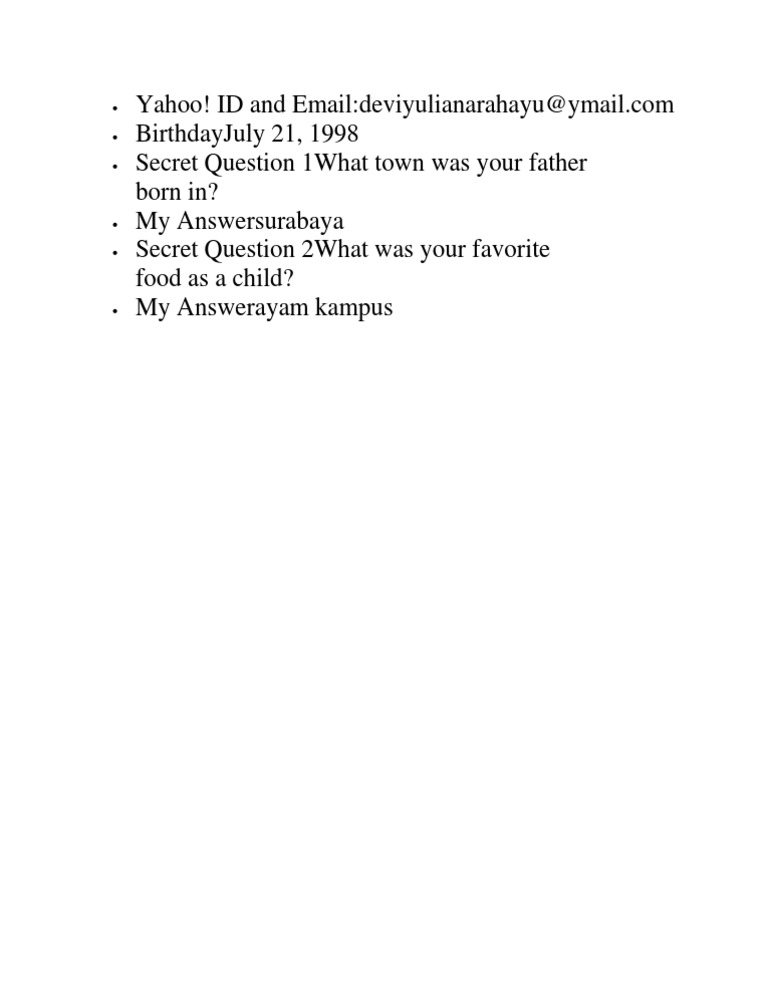 Yahoo ID and Security Questions Info | PDF