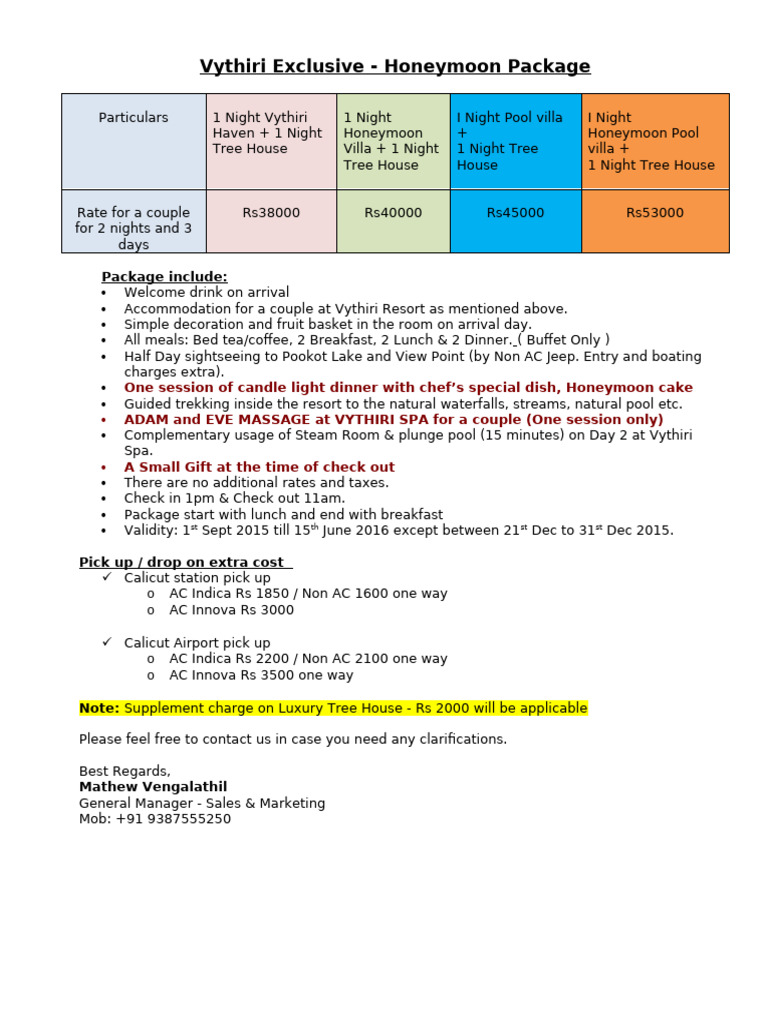 Vythiri Honeymoon Packages & Rates | PDF