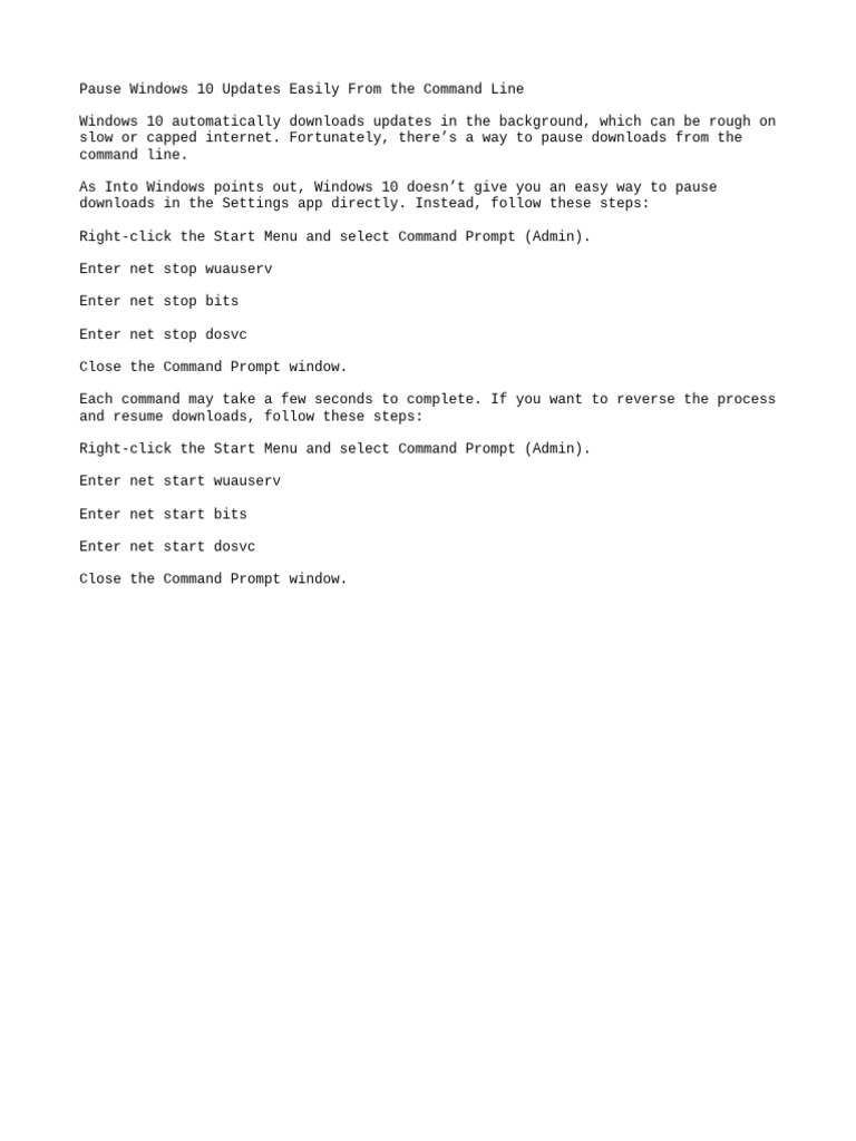 Pause Windows 10 Updates via Command Line | PDF