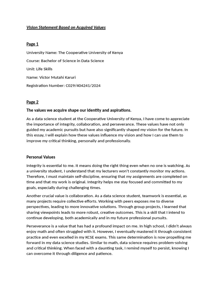 Vision Statement Based On Acquired Values | PDF | Critical Thinking ...
