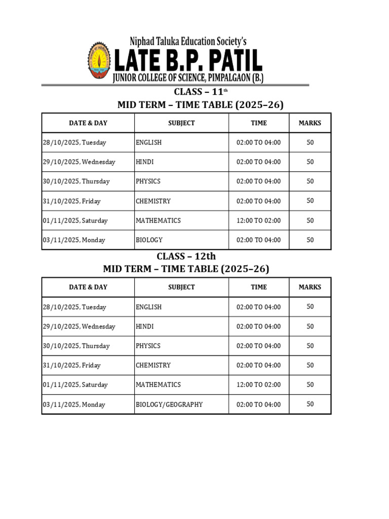 2025-26 Mid Term Exam Schedule | PDF