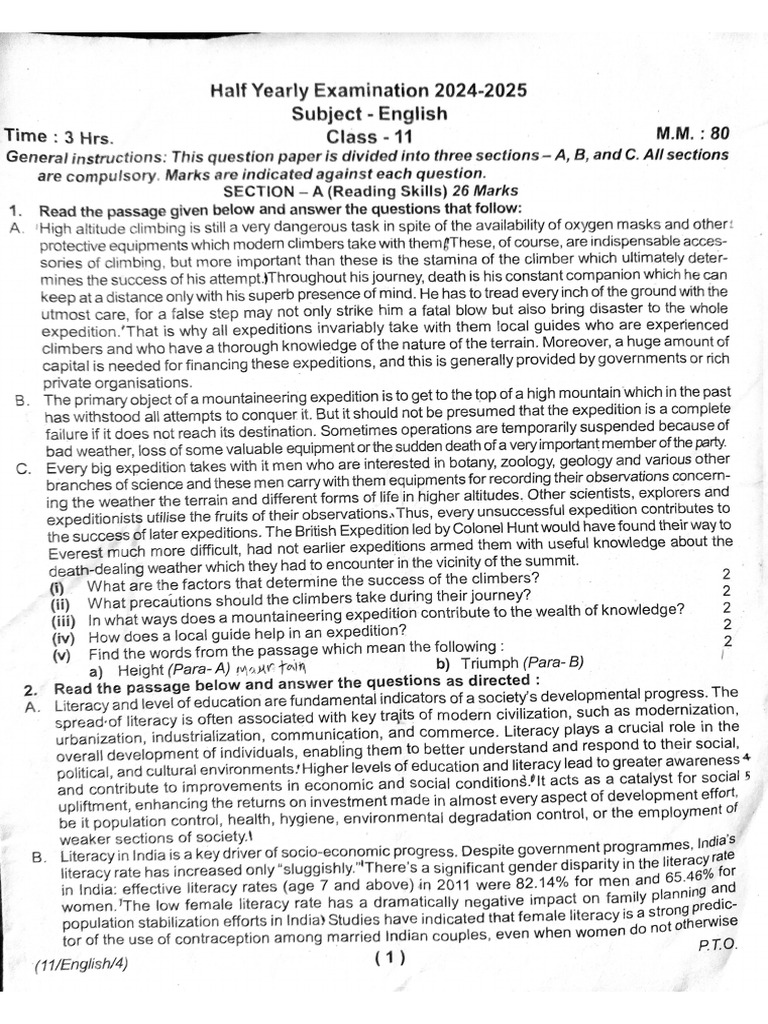 Half Yearly Exam 2024-2025 Class 11 English | PDF