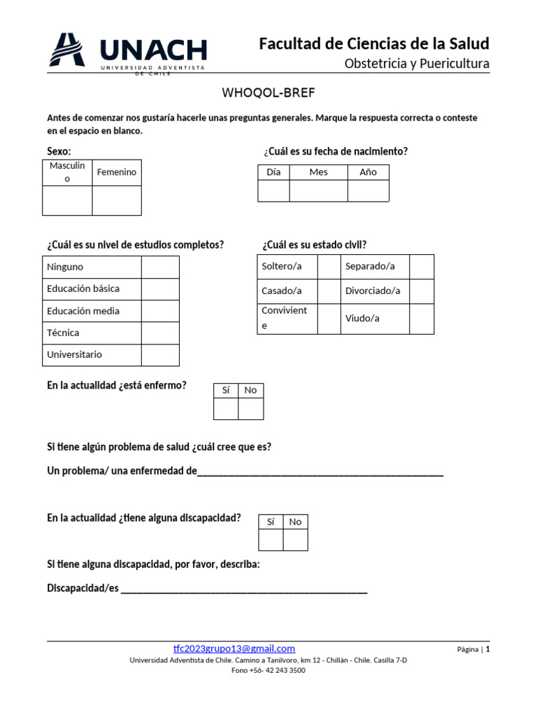 Cuestionario WHOQOL-BREF de Salud | PDF | Conceptos psicologicos ...