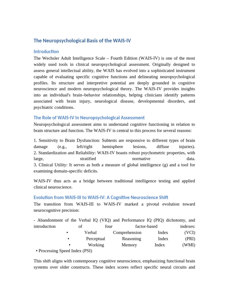 WAIS-IV: Neuropsychological Insights | PDF | Wechsler Adult ...