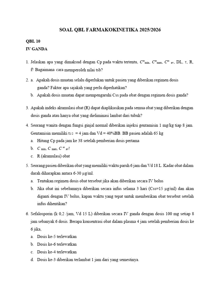 Soal QBL Farmakokinetika 2025/2026 | PDF