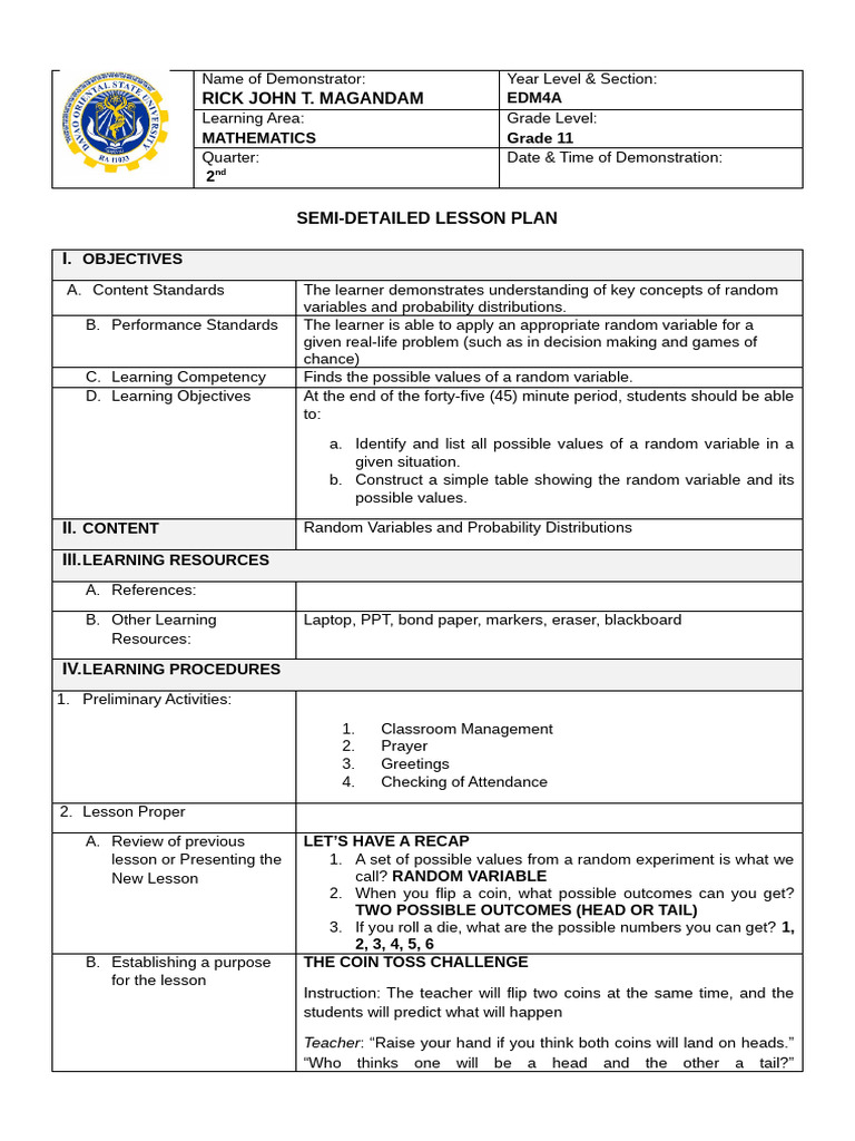 Grade 11 Probability Lesson Plan | PDF | Probability Distribution ...
