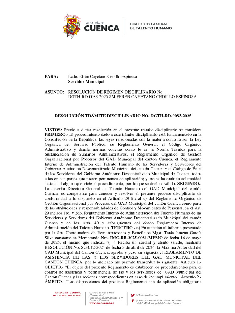 RESOLUCIÓN DE RÉGIMEN DISCIPLINARIO No. DGTH-RD-0083-2025 SM EFREN ...