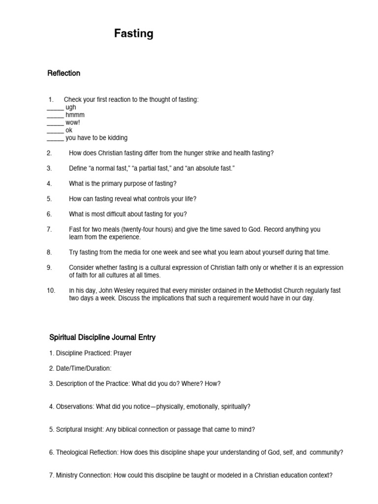 Christian Fasting Reflection Worksheet | PDF