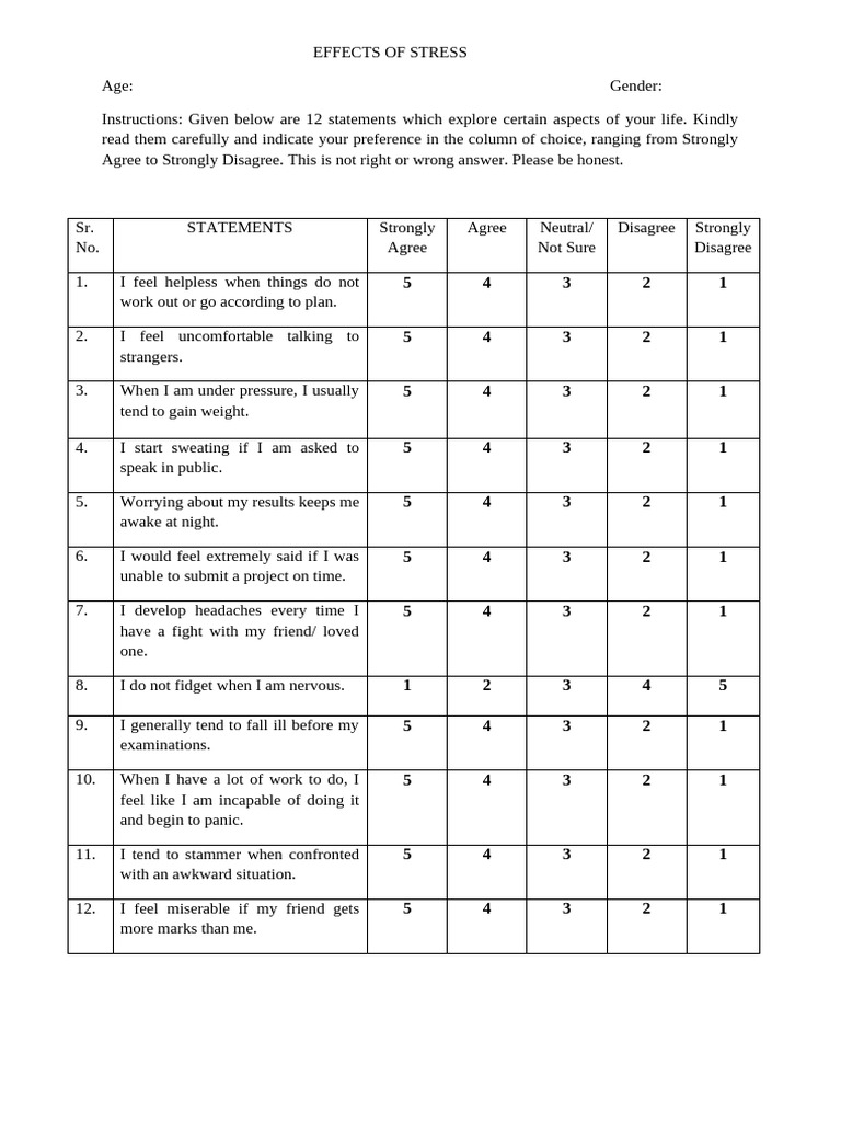 Understanding Stress Responses Questionnaire | PDF