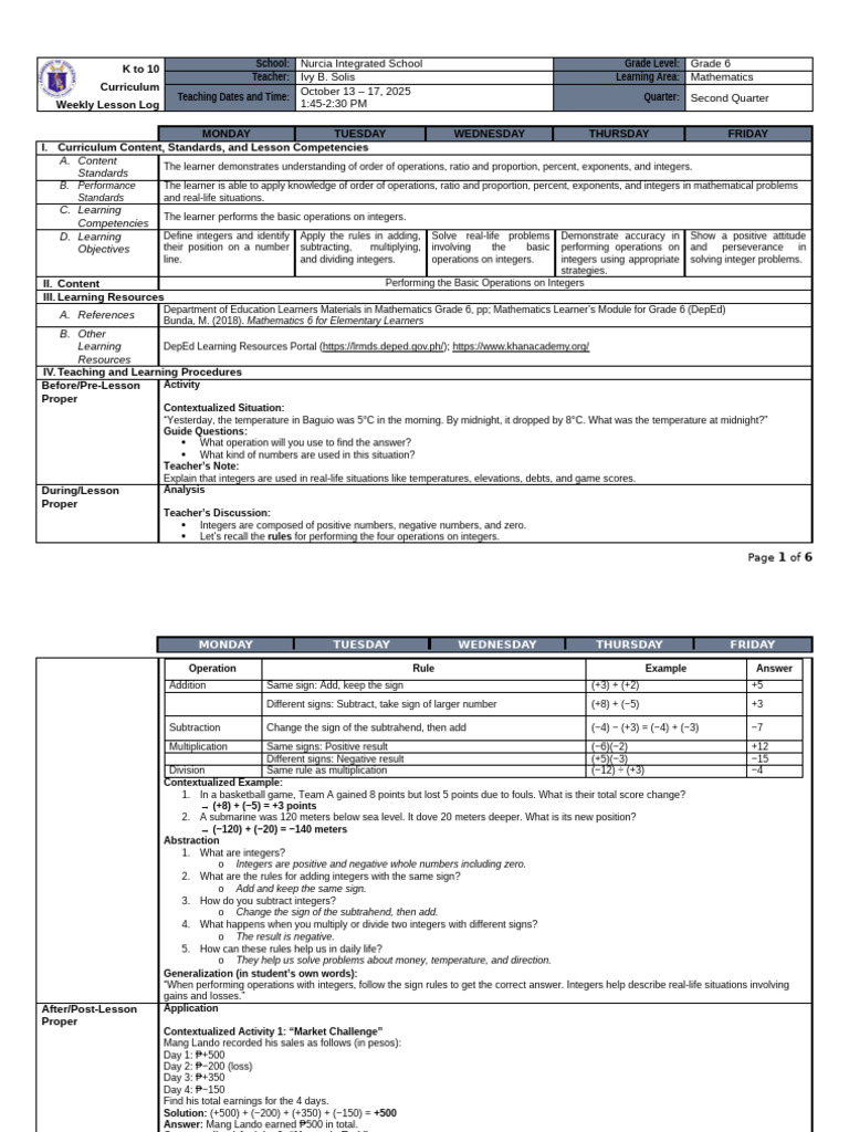 Grade 6 Math Lesson Plan: Integers | PDF | Subtraction | Learning