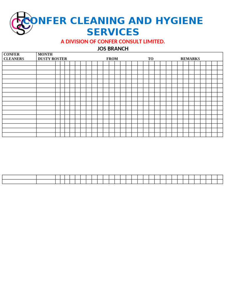 Confer Cleaning Services Monthly Roster | PDF