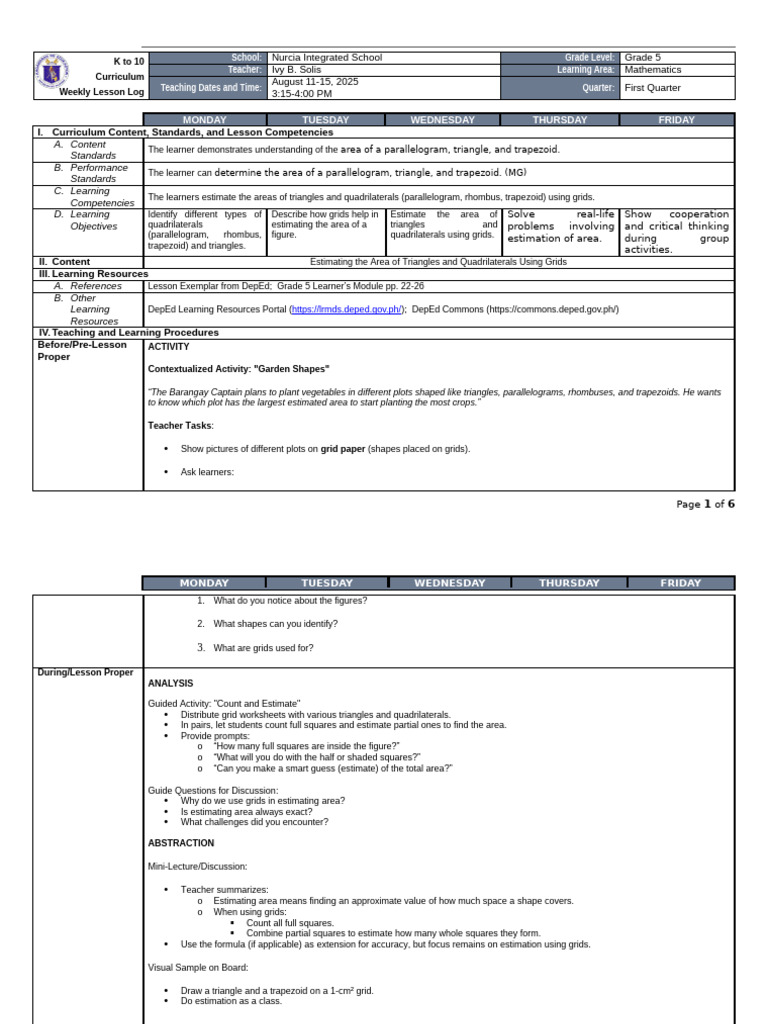 Grade 5 Math Weekly Lesson Plan | PDF | Area | Shape