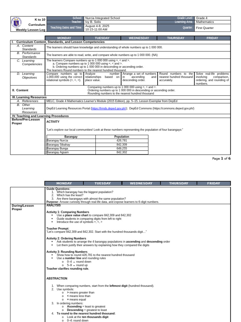 Grade 4 Math Weekly Lesson Plan | PDF | Learning | Curriculum