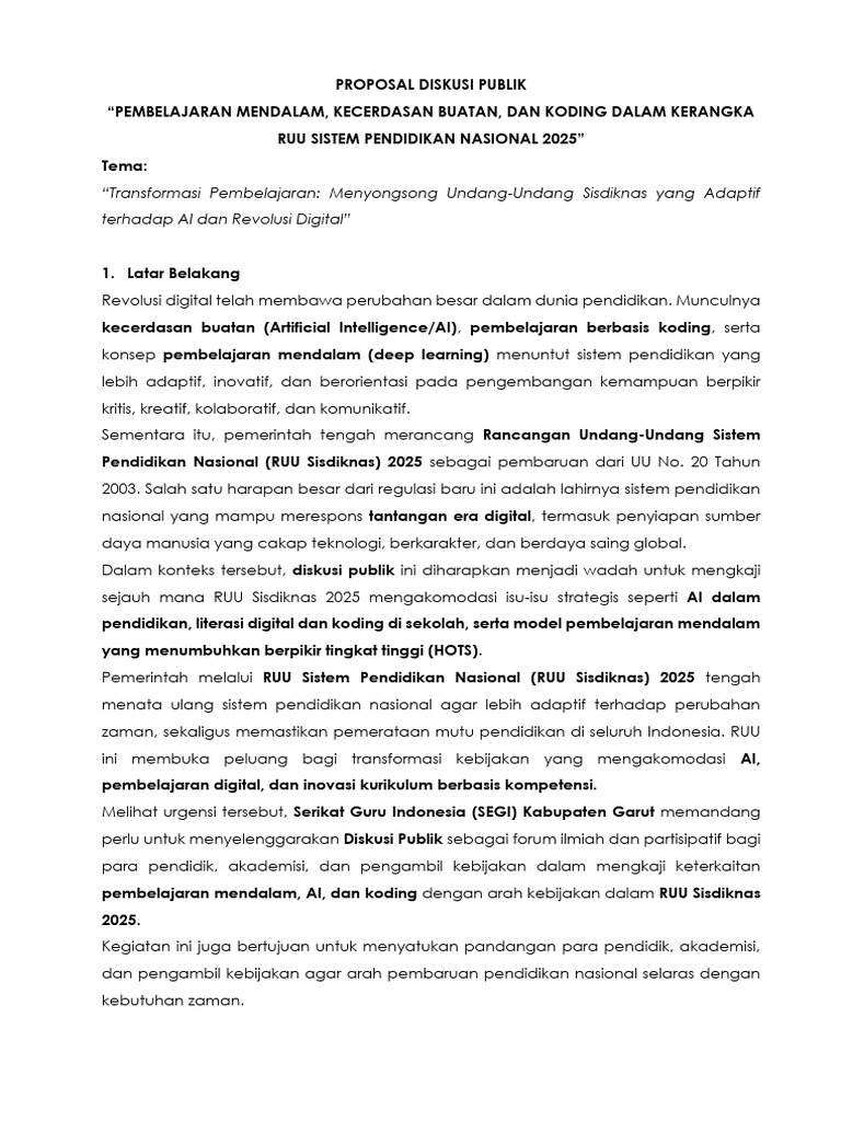 Proposal Diskusi Publik Pembelajaran Mendalam, Kecerdasan Buatan, Dan ...