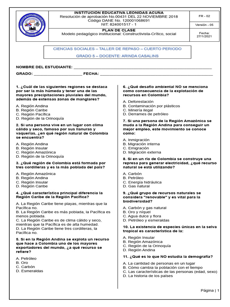 Taller de Repaso - Cuarto Periodo - Sociales 5° | PDF | Colombia ...