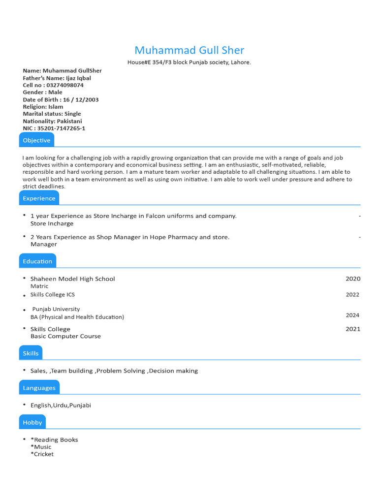 Muhammad Gull Sher's Job Application Profile | PDF
