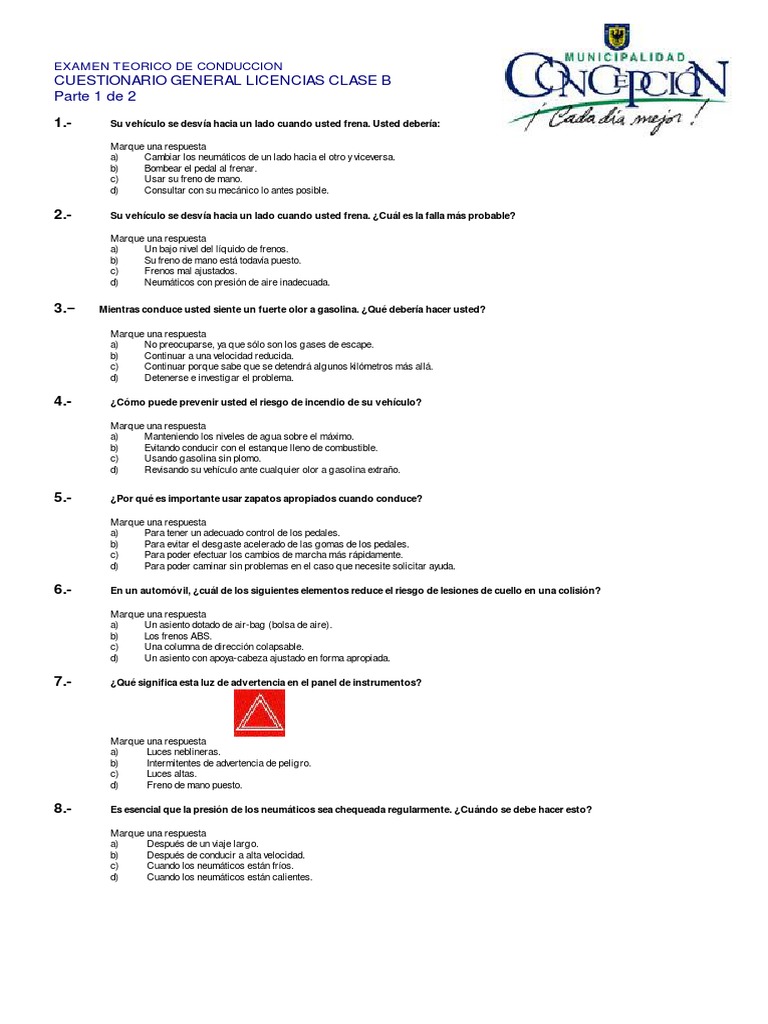 Cuestionario Clase B Examen Teórico de Conducción 1 de 2