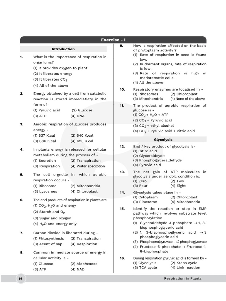 YT NEET MCQs CH 12 Respiration in Flowering Plants | PDF