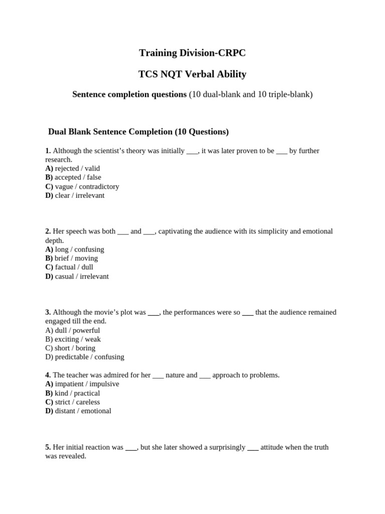 TCS NQT Verbal Ability Practice Questions | PDF