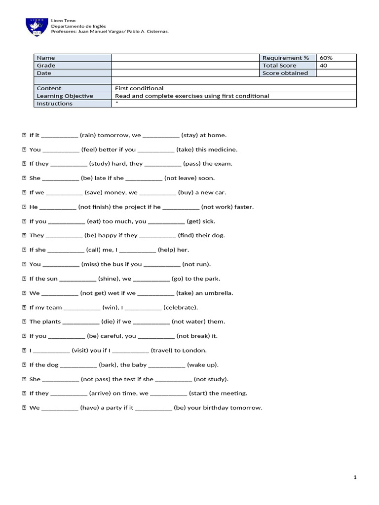 First Conditional Exercises for Students | PDF