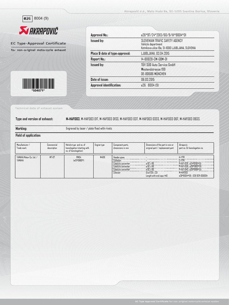 EC Type Approval for Motorcycle Exhaust | PDF | Rotating Machines ...