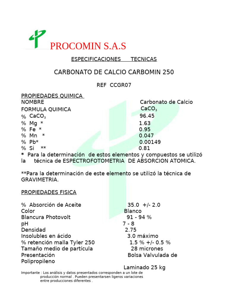 Especificaciones del Procomin 250 | PDF