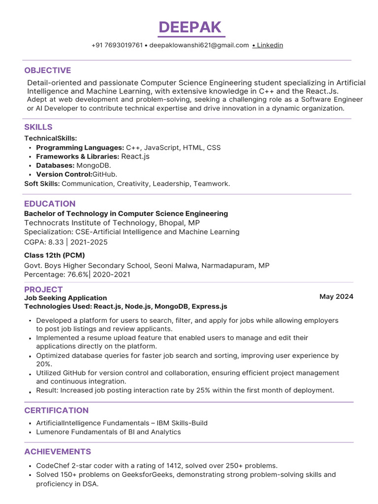 Software Engineer Resume: AI & Web Dev Skills | PDF